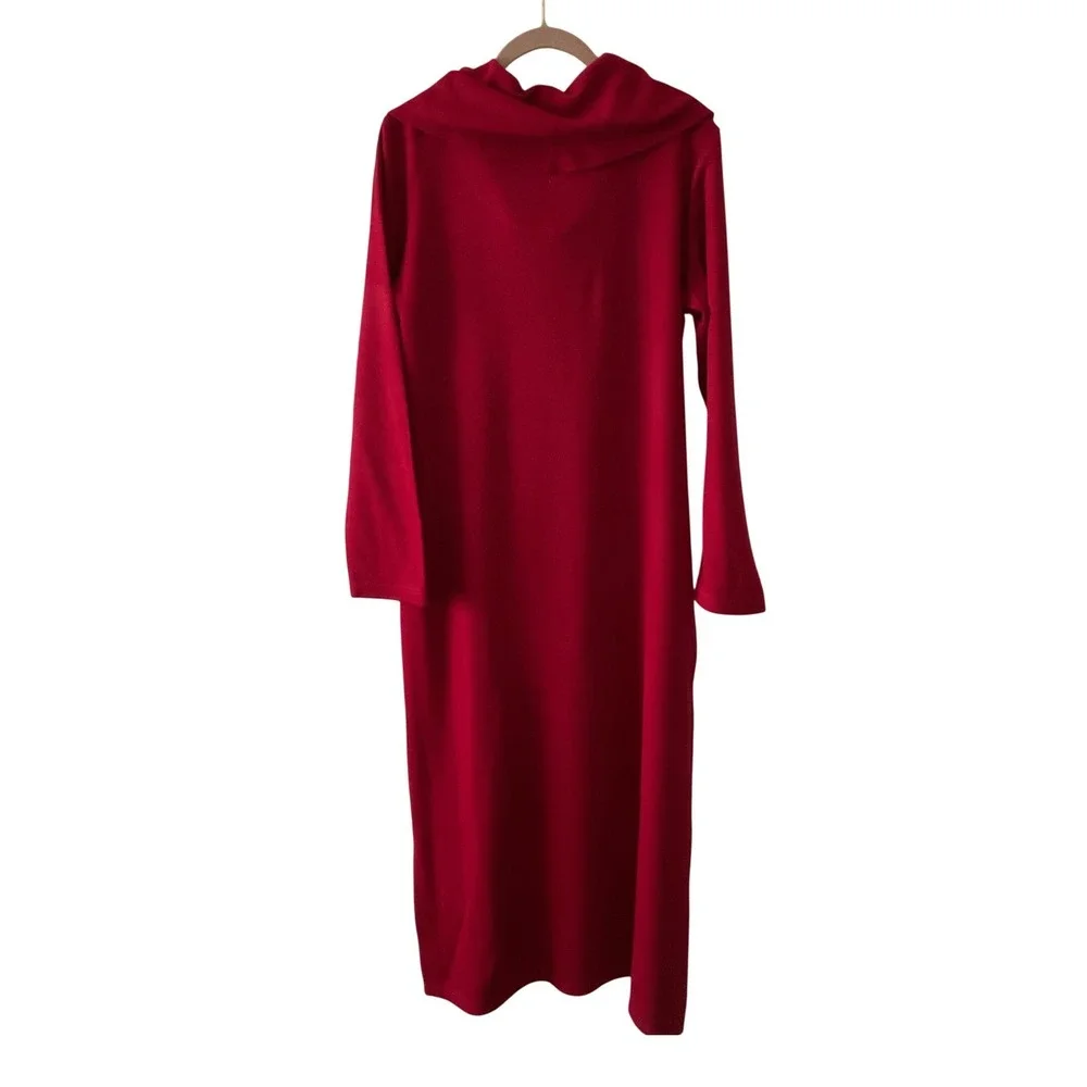 Nina Leonard Womens Red Cowl Neck Long Sleeve Knit Sweater Midi Dress Size L